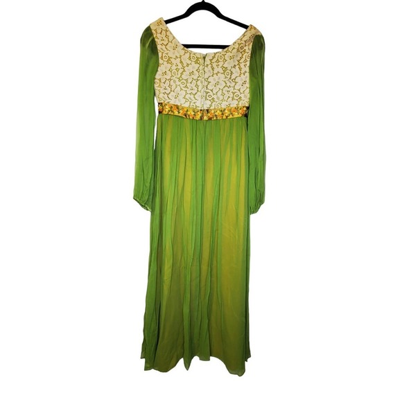 Vintage 60s 70s S Bright Green Sheer Prom Dress Lace Empire Waist Floral Fairy - Picture 2 of 5